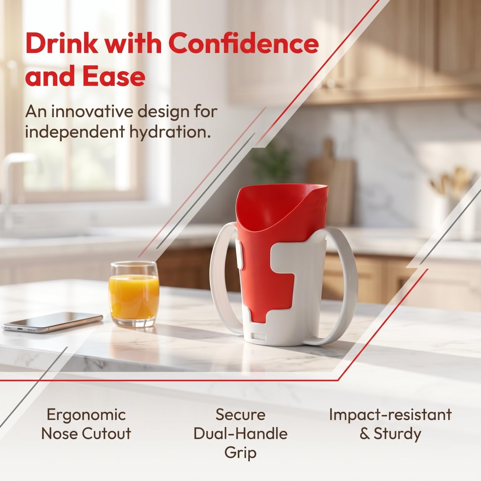 HEMOTON Tasse à Découpe Nasale, Rouge avec Support | Permet de boire sans incliner fortement la tête, pour personnes âgées, soins à domicile et mobilité réduite
