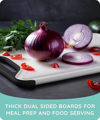 Vista 17 de Juego de 3 tablas de cortar de plástico para cocina, tablas de cortar aptas para lavavajillas con ranuras para jugos para carne, verduras, mango