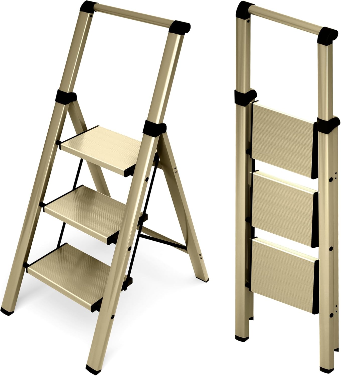 HillhutApex 3 Step Foldable Aluminum Step Ladder with Handgrip, Anti-Slip Pedal, 330 lbs Capacity, Lightweight & Portable for Home, Kitchen, Office, Garage (Gold) Gold 3 Step