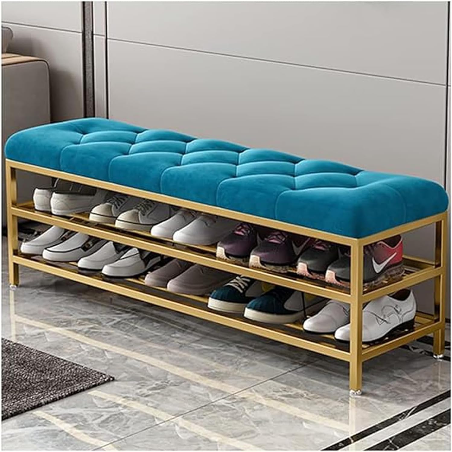 Shoe Rack Bench Organizer with Mesh Seat for Bedroom Entry Window Mudroom Living Room, 2-Tier Fleece Bench Bench for Entryway (Blue Gold)