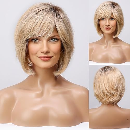 Miniatura 7 de HAIRCUBE Peluca corta marrón para mujer, atada a mano, con encaje frontal, peluca de cabello humano en capas con flequillo, peluca natural para uso