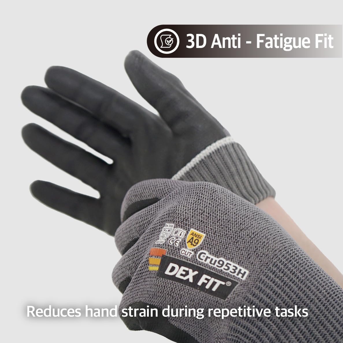 DEX FIT Cru953H Level A9 Cut Resistant Gloves, Fiberglass-Free, Power Grip Foam Nitrile, 3D Comfort Fit, Touchscreen, 13-Gauge for Sheet Metal, Stamping, Glass, Recycling; Gray S (7) 1 Pair - Image 6
