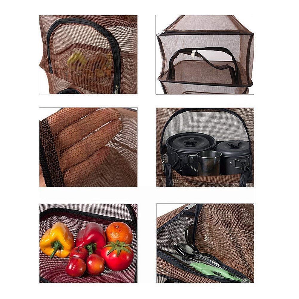 Red seca, para colgar, red seca, 4 compartimentos, almacenamiento de verduras y utensilios de cocina, cesta colgante para camping, viajes, pesca, barbacoa, etc., color marrón