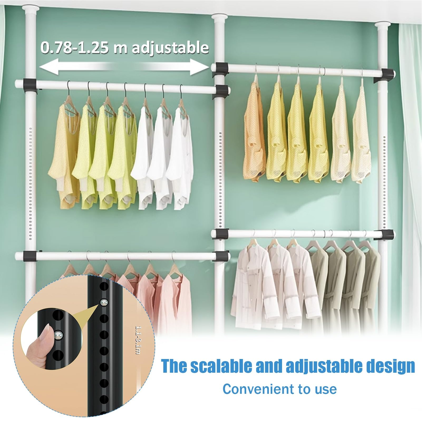 Appendiabiti telescopico regolabile, resistente, per cabina armadio, fai da te, 60 kg, versatile sistema di guardaroba bianco