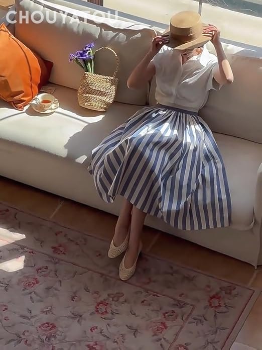 chouyatou Women's Vertical Striped Pleated Skirt Casual Elastic