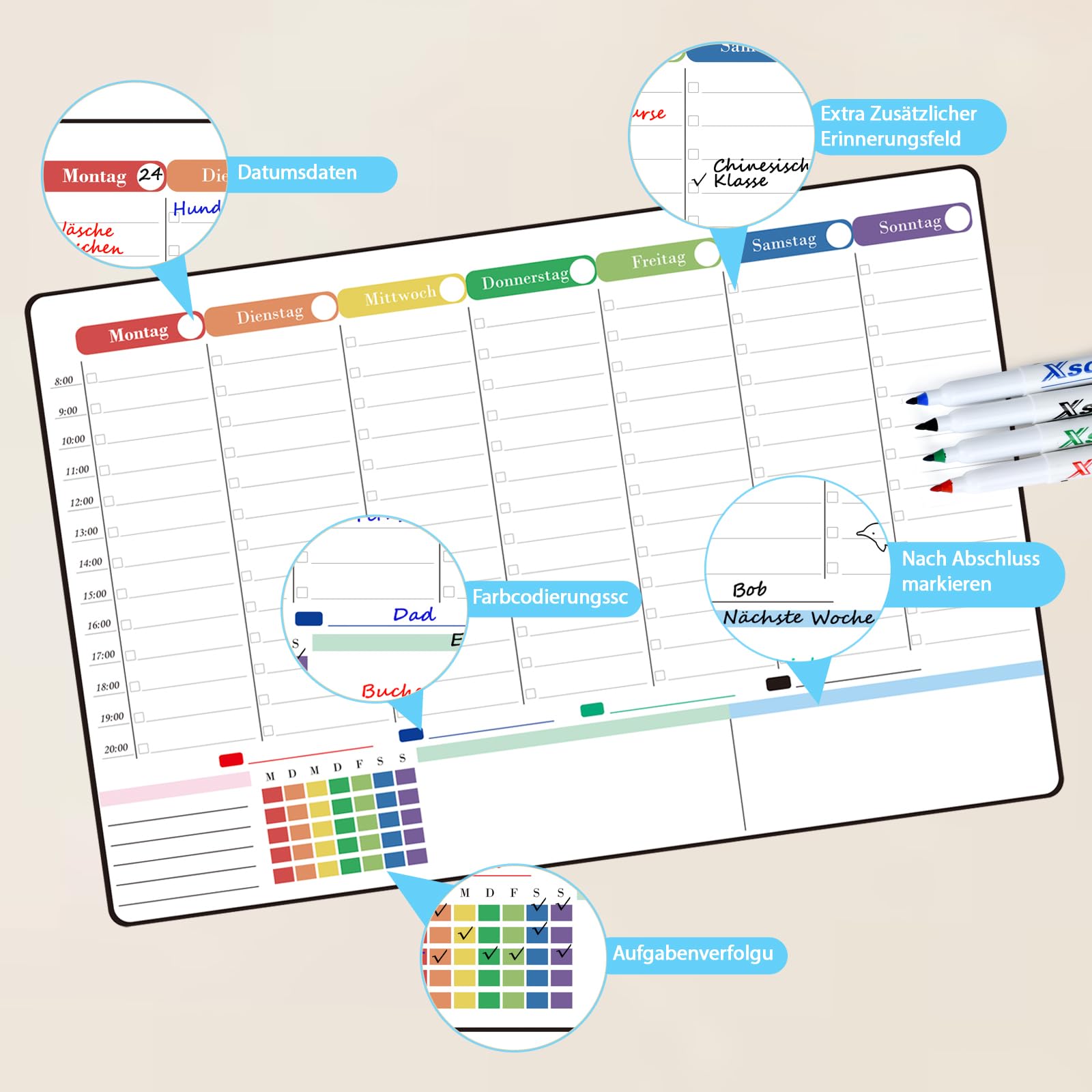POPRUN Magnetisch Wochenplaner Whiteboard Abwischbar für Kühlschrank, Haushaltsplaner Familienplaner Stundenplan Perfect als Wochenplan Kinder,Essensplaner,Memoboard,Einkaufsliste, 42×28cm auf Deutsch