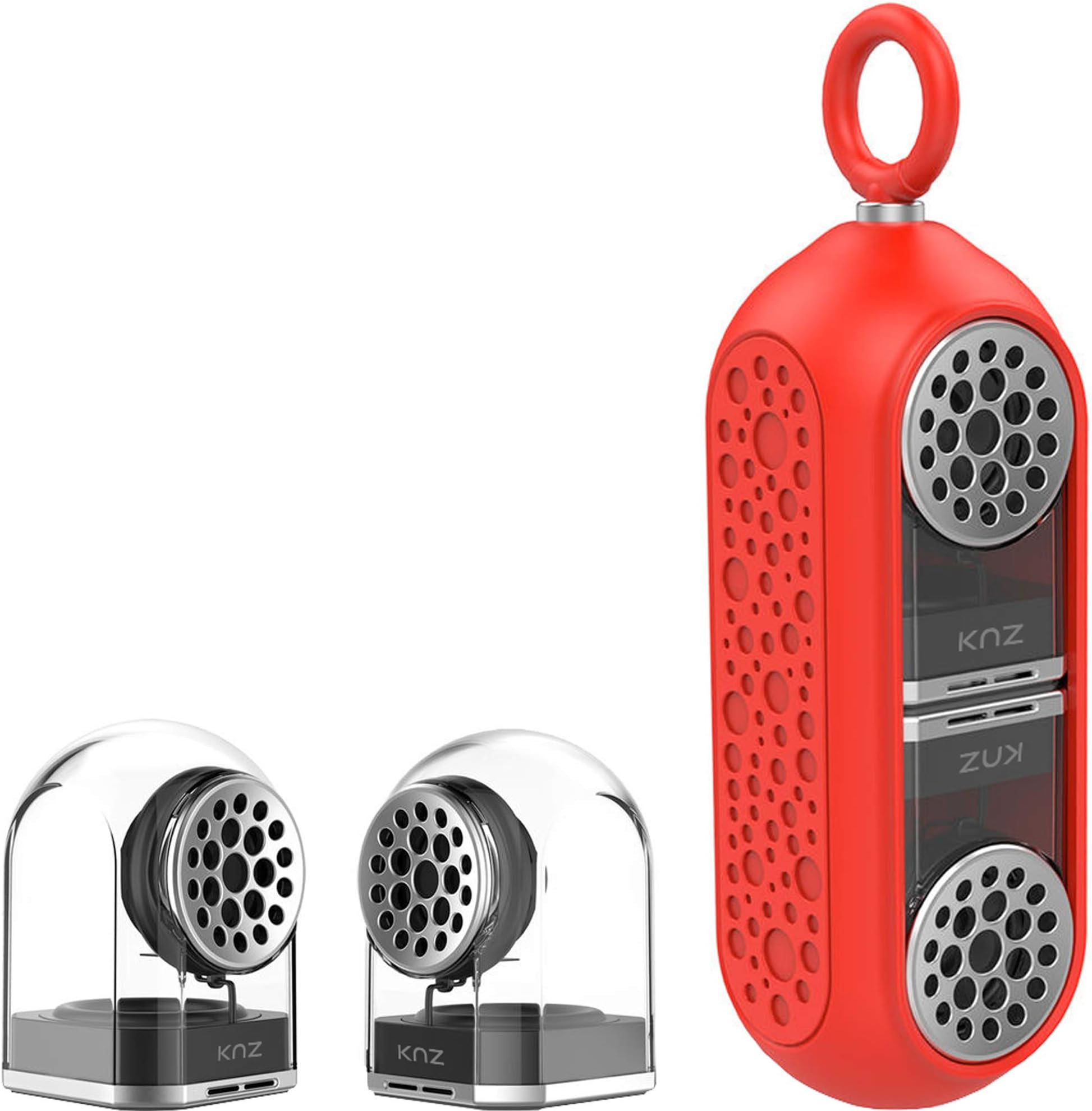 KNZ GoDuo Portable Bluetooth True Wireless Speakers with Magnetic Connectable Base, L/R Stereo Sound and Bass, Water and Shock Resistant, 18 Hr Playtime, Built-in Mic, Protective Carrying Case (Red)