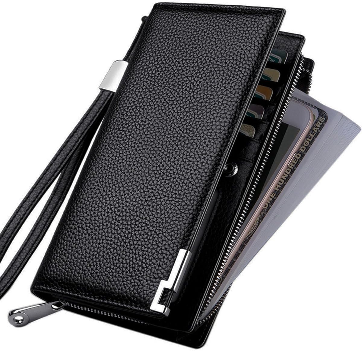 Huztencor Long Wallets for Men Leather RFID Blocking Bifold Wallet with Zipper
