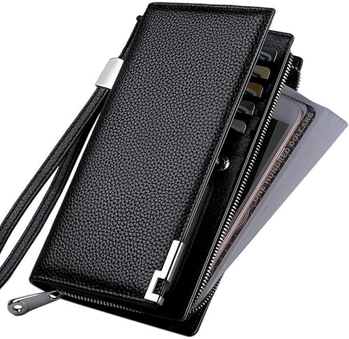 Miniatura 4 de Huztencor Billeteras largas para hombre de cuero RFID bloqueo billetera plegable con cremallera