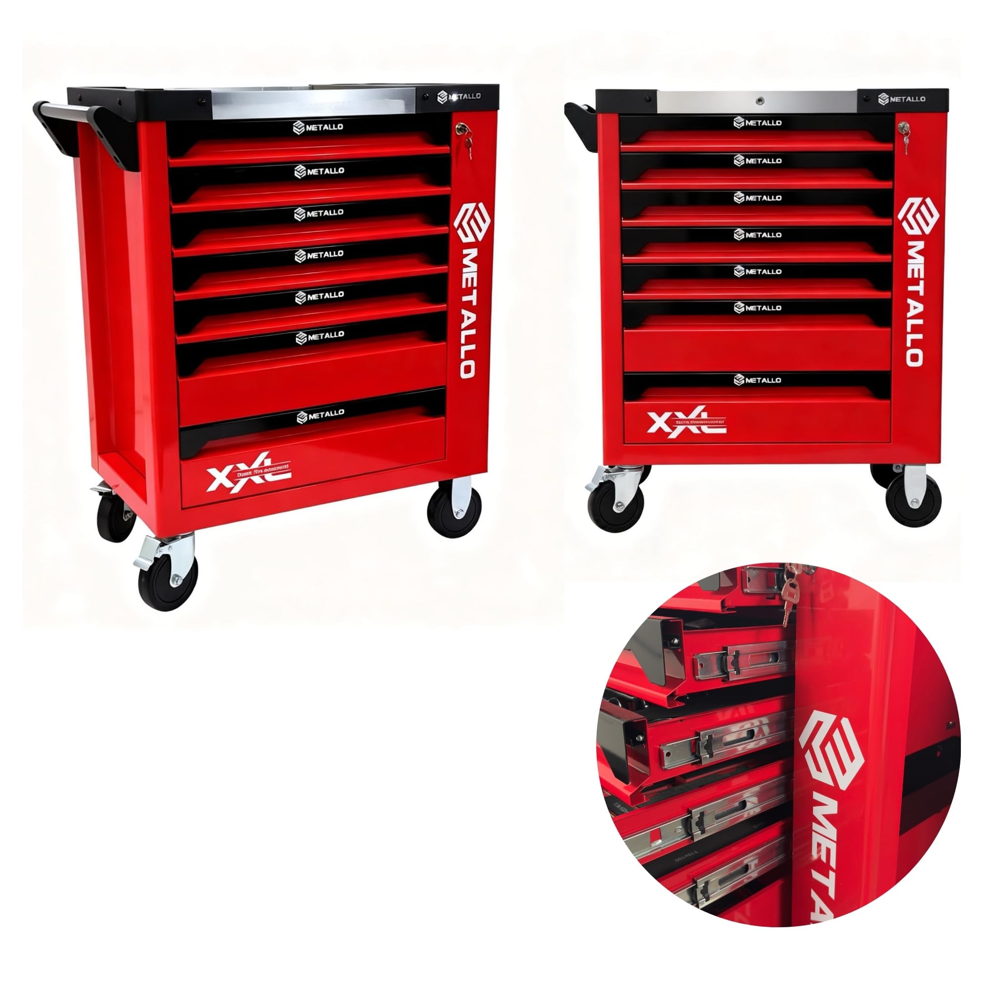 Metallo XXL - Carrello da officina con 7 cassetti, chiave a bussola, cacciavite e pinze, colore: rosso