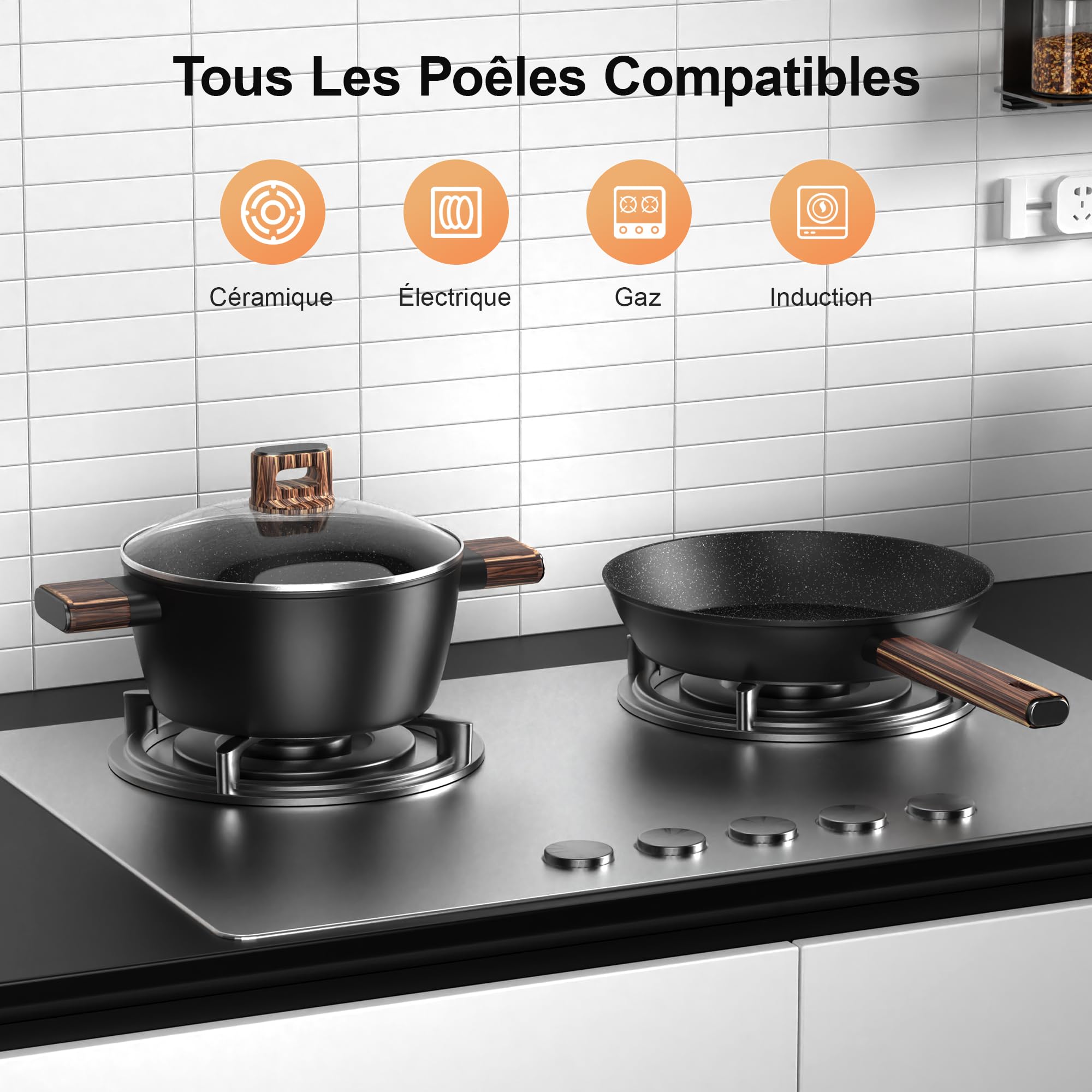 Batterie de Cuisine - Casserole et Poêle Induction de 11 Pièces Antiadhésives Tous Feux, Poêles 20/28 cm, Poêle Profonde 24 cm, Casseroles avec Couvercles 16/20/24 cm, sans PFOA, PFOS Topbooc