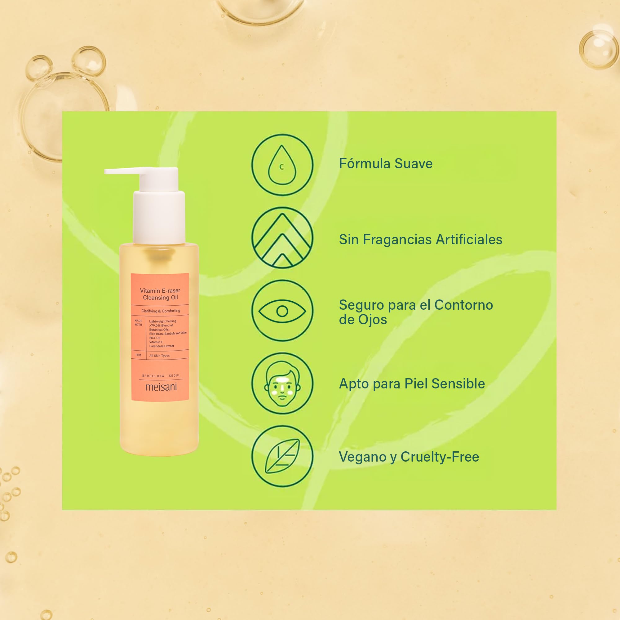Meisani Vitamin E-raser Cleansing Oil - Aceite Limpiador Botánico Suave con Salvado de Arroz, Baobab, Aceite de Oliva y Vitamina E | Cosmética Vegana Coreana | 150ml
