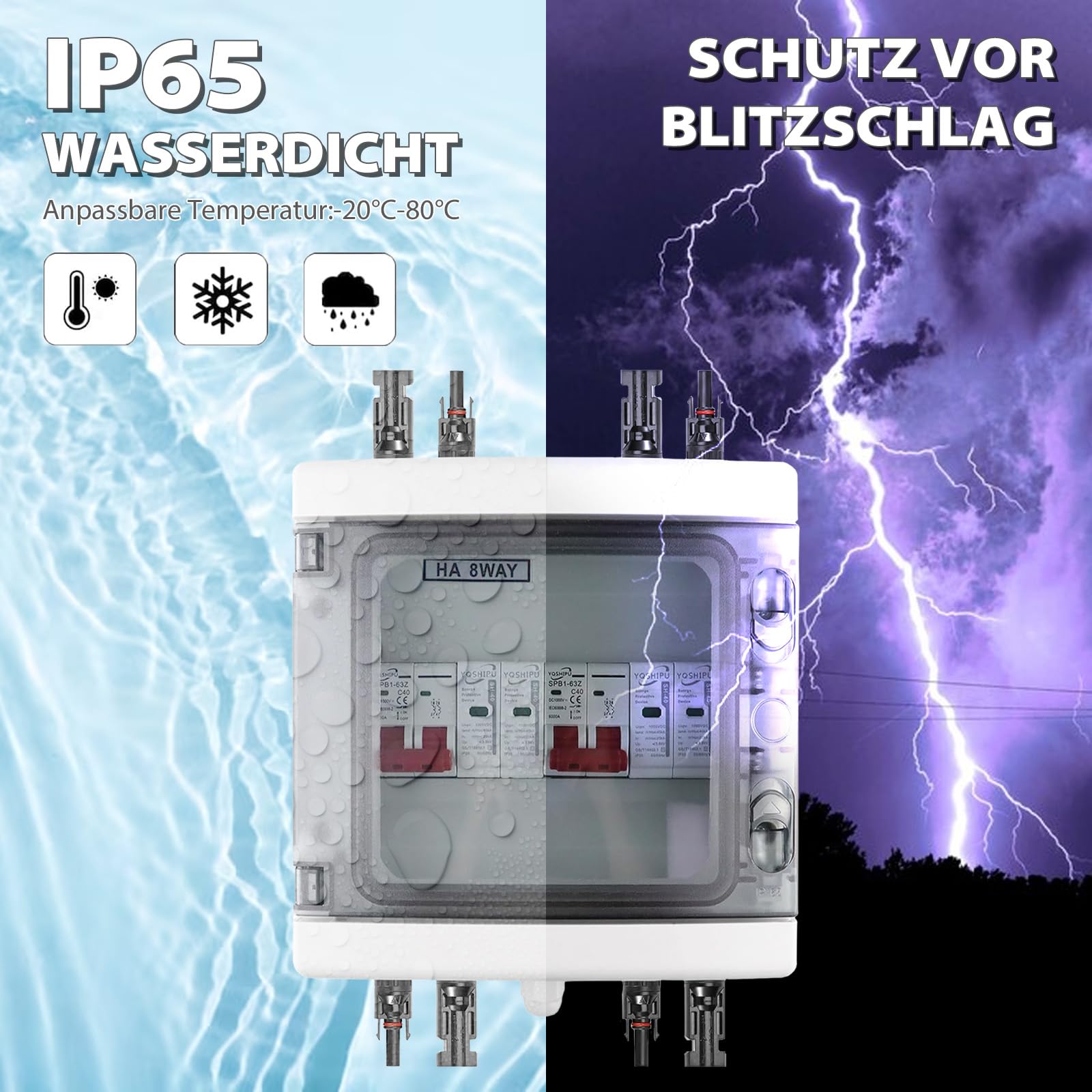 Solar Anschlusskasten Photovoltaik, Überspannungsschutz PV DC1000V 40A Blitzschutz Leitungsschutzschalter 2 String (2 in 2 out), IP65 Wasserdicht & UV-Beständig Generatoranschlusskasten für Photovolta