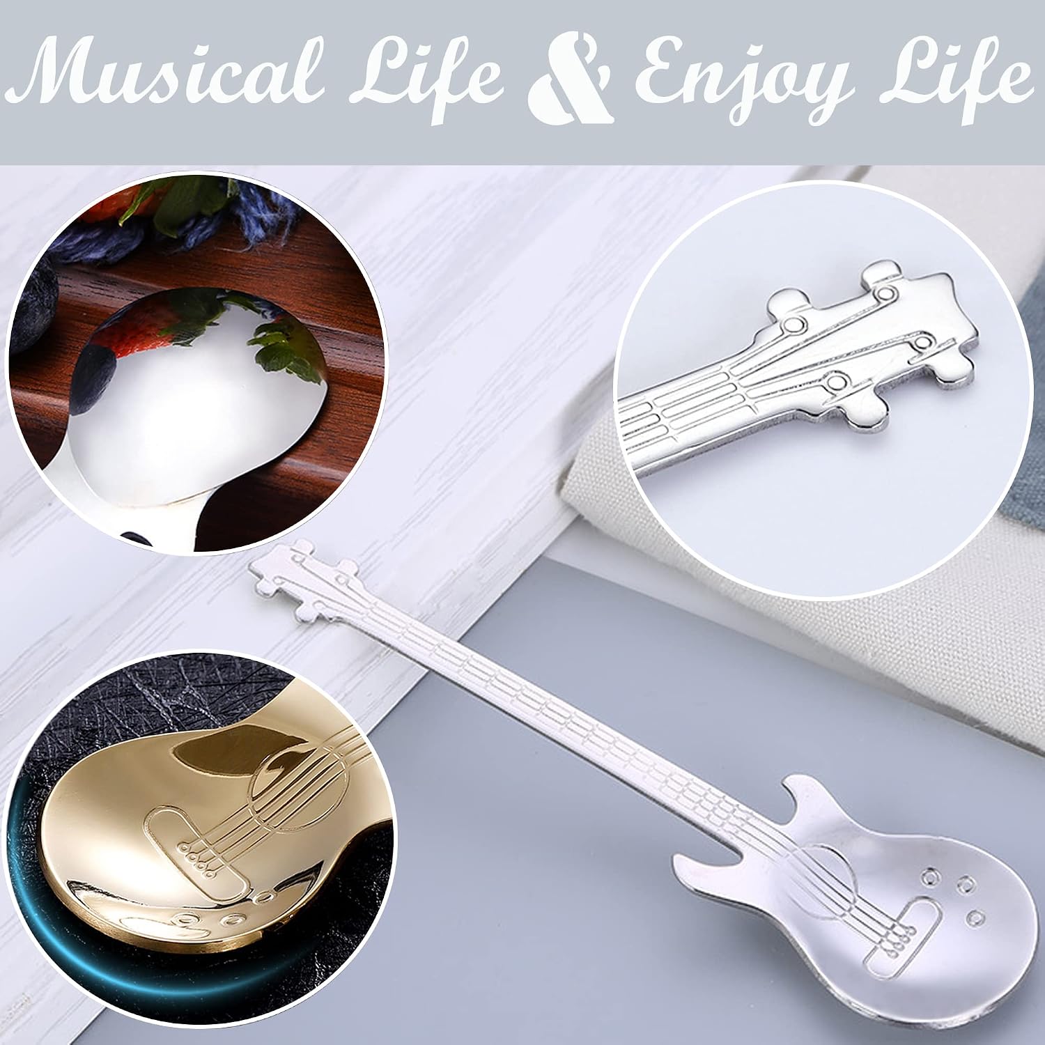 Guitar Spoons Coffee Teaspoon, ESRISE Musical Tea Spoons for Men, Stainless Steel Cute Teaspoon for Christmas Birthday (Silver)