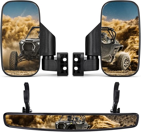 KEMIMOTO UTV Side Mirrors and Rear Center Mirror with 1.5" to 2" Roll Bar Cage Compatible with Polaris RZR 900, XP 1000/4, Pro XP/4, Turbo/4, Commander Maverick X3 Viking RhinoTeryx