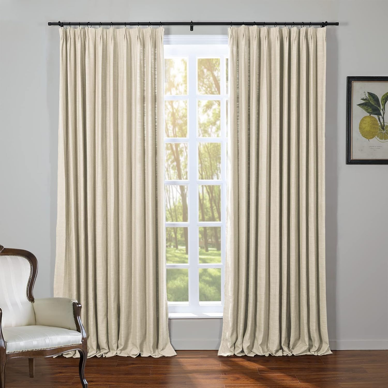ChadMade Pinch Pleated Linen Blend Curtain 63 inches Long Room Darkening Drape for Living Room Bedroom 50Wx63L, 1 Panel, Beige, Hess Collection