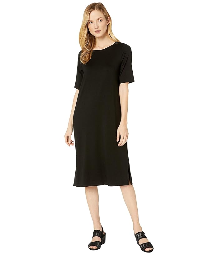 Eileen Fisher  Fine Tencel Jersey Round Neck Short Sleeve Dress with Side Slits (Black) Womens Clothing