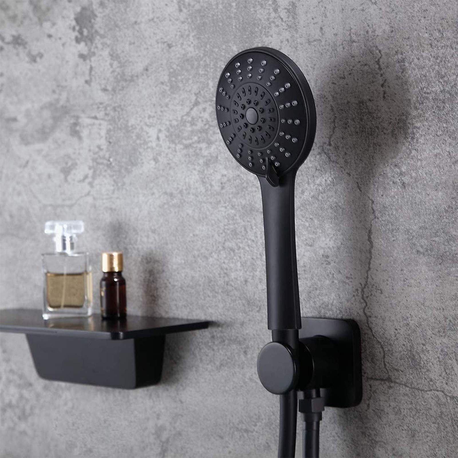 Grifo de bañera en Cascada, Grifo de bañera Romana con Ducha de Mano, Grifo de bañera de latón Macizo de 3 manijas y 5 Orificios, grifos de bañera de Montaje en Pared, Negro Mate.