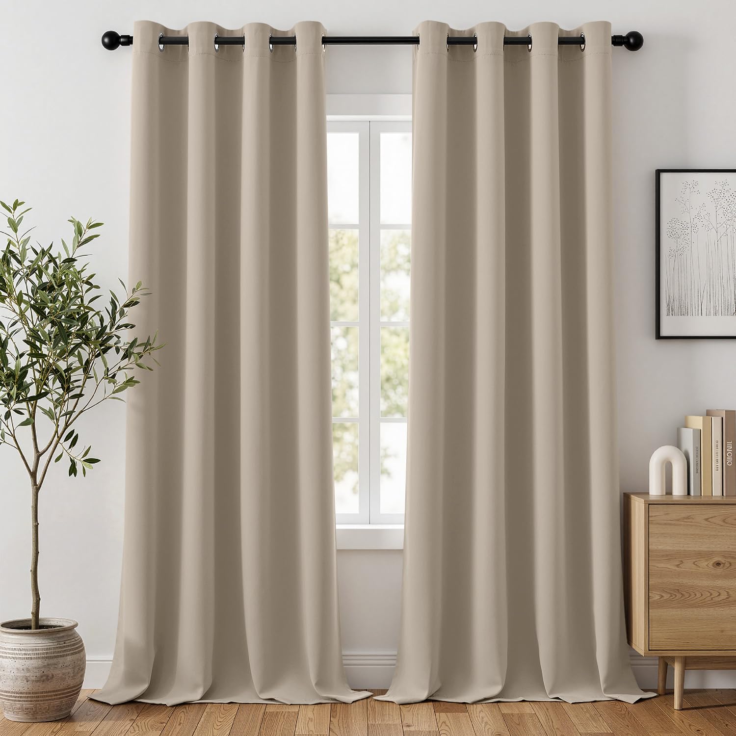 Woaboy Rideau Occultant Beige Lot de 2 à Oeillets Thermique 140x245 cm | Rideau Isolant Thermique Occultant Anti-Bruit Pour Salon et Chambre, Décoration Intérieure Moderne