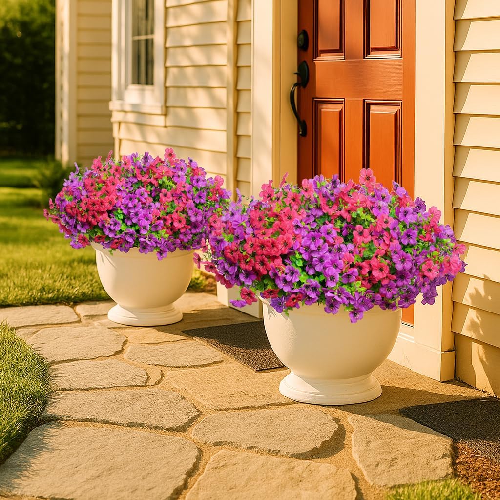 Artificial Flowers for Outdoors, 12 Bundles Outdoor Faux Plants,Uv Resistant Artificial Fake Flowers Plants, Realistic Spring Decor for Porch, Patio, Yard (LightRedPurple)