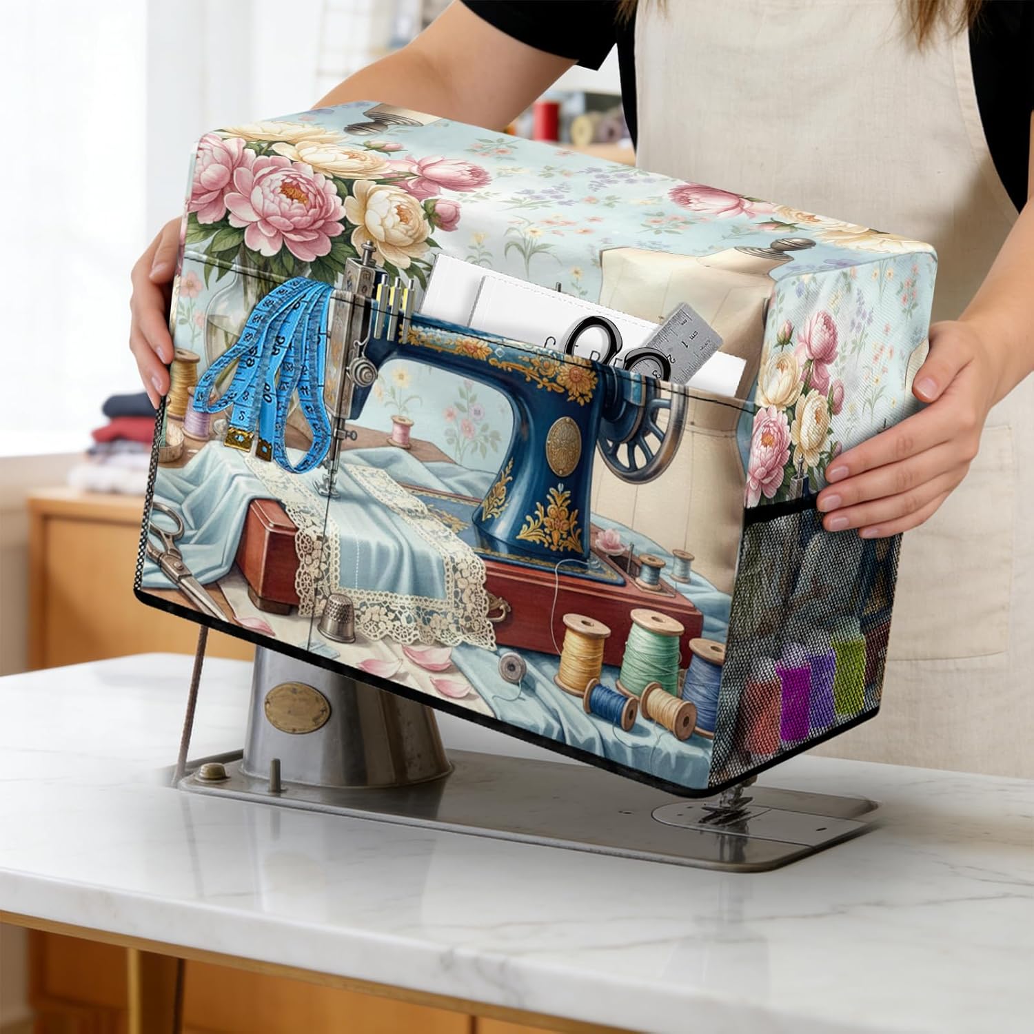 peacoblue Sewing Machine Cover with Storage Pockets,Sewing Machine Desktop Sewing Machine Dust Covers for Standard Machines,Protective & Decorative Sewing Machine Case