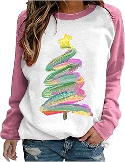 Pink Christmas Shirts for Women Raglan Sleeve Funny Xmas Tree Print Cute Santa Graphic Sweatshirts Loose Fit Pullover