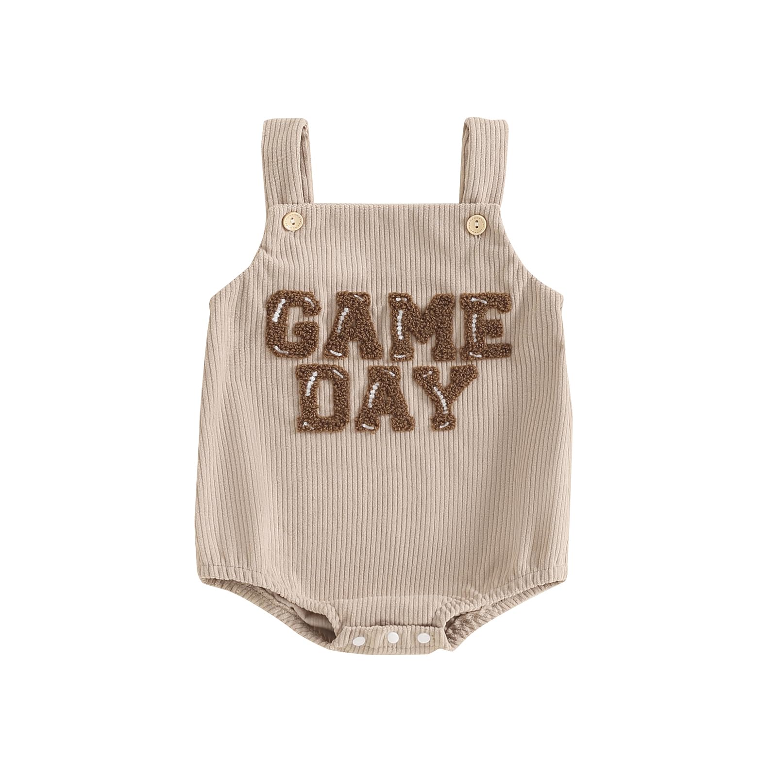 Dewadbow Newborn Football Outfit Boy Girl Football Game Day Embroidery Onesie Overalls Sleeveless Corduroy Romper Clothes (Beige, 3-6 Months)