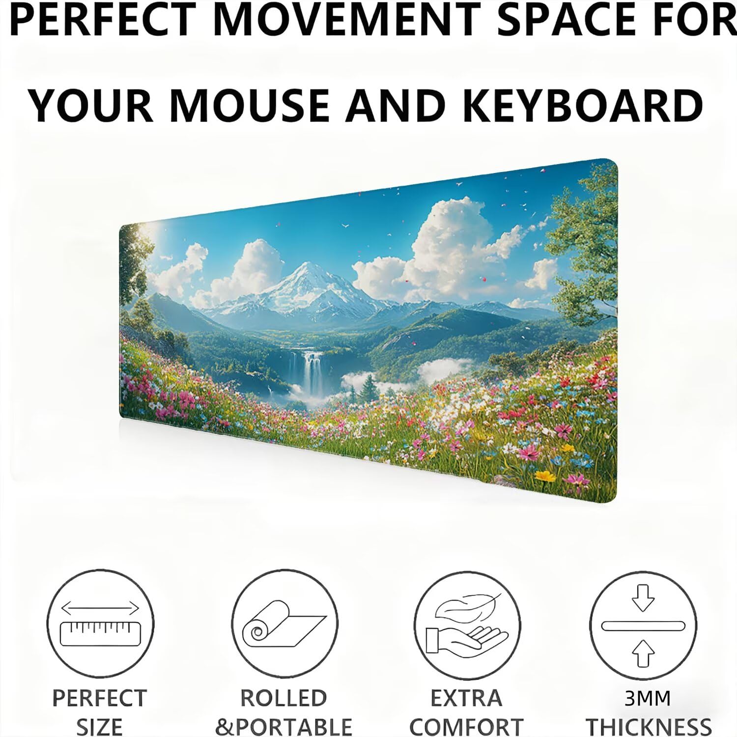 Großes Mauspad XXL 1500 x 800 mm Gaming Mousepad Nähten Rändern rutschfeste Gummibasis Glatter Oberfläche, Wasserdicht und Ianglebig Schreibtischunterlage, Office Mouse Pad Büro (Berg Blume) W0G1-497