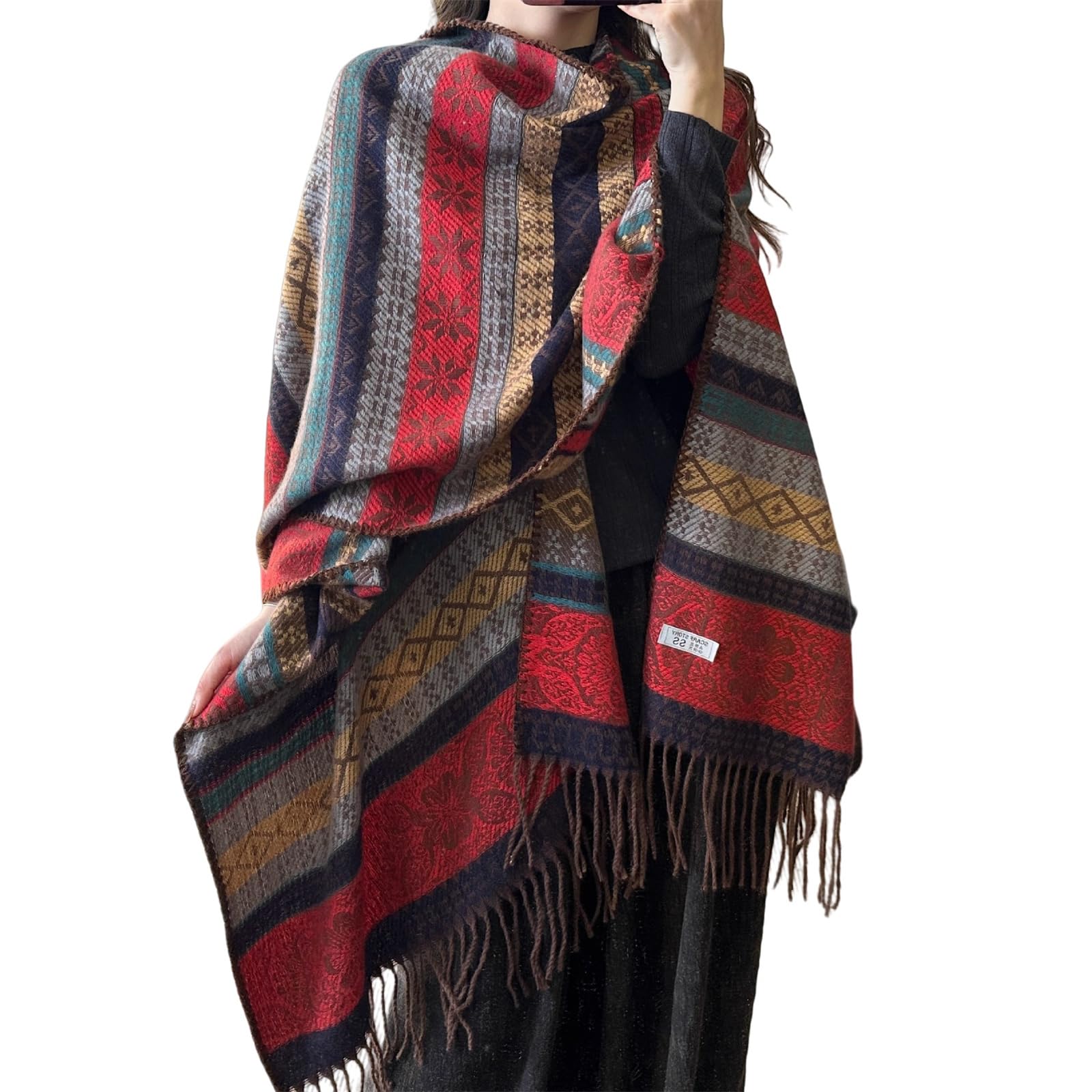 Poncho capa chal a rayas bloque de color abrigo corto de invierno 6