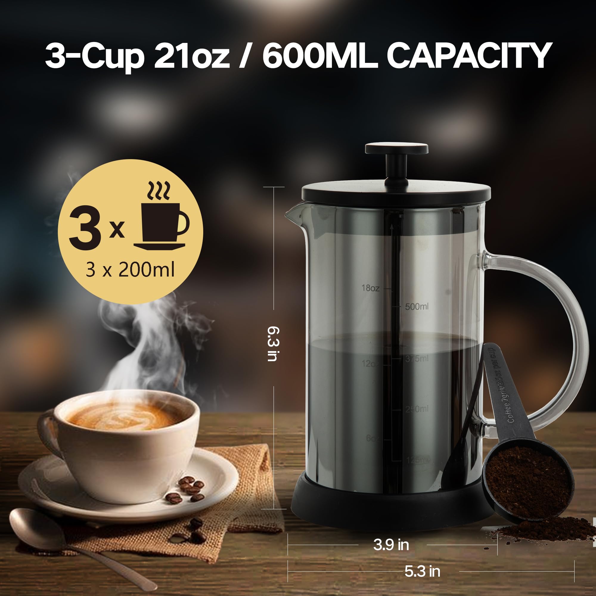 YMMIND Cafetera de prensa francesa de 21 onzas, cafetera espresso de 4 tazas, cafetera de borosilicato grueso resistente al calor gris con 4 pantallas de filtro de acero inoxidable