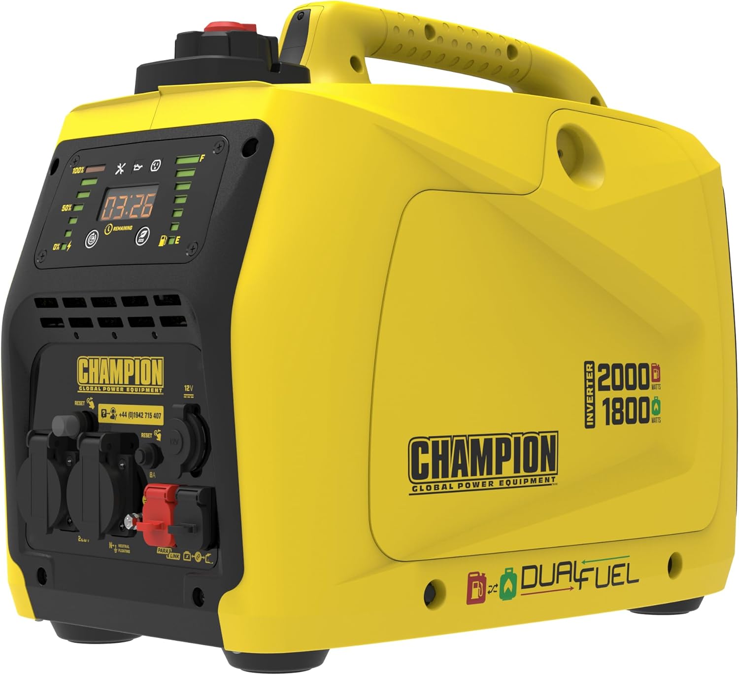 Champion Dual Fuel Inverter Generator connected to a propane tank in a grassy outdoor setting.