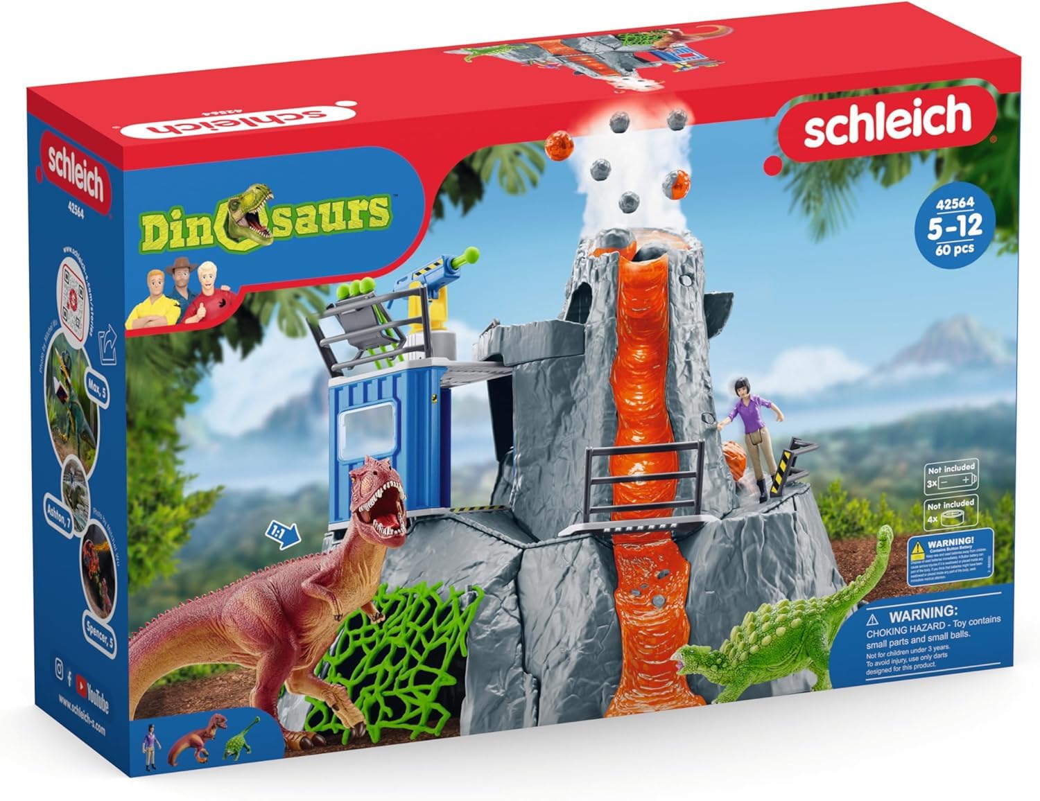 schleich DINOSAURS | Große Vulkan Expedition 42564 | Set inkl. Vulkan mit Ausbruchsfunktion, Yuki, 2 Dino Figuren | tolles Geschenk für Mädchen und Jungen | Dinosaurier Spielzeug ab 3 Jahre | 60 Teile