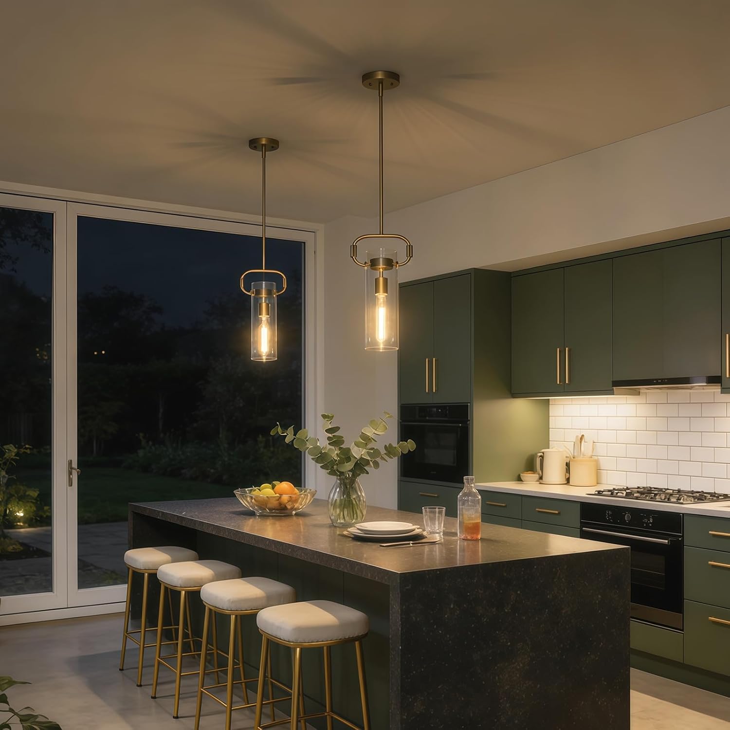 2 Pack Modern Gold Pendant Lights Kitchen Island, Cylinder Long Tube Glass Hanging Pendant Light Fixtures, Adjustable Pendant Lighting for Kichen Dining Room Bathroom E26 Bulbs Included