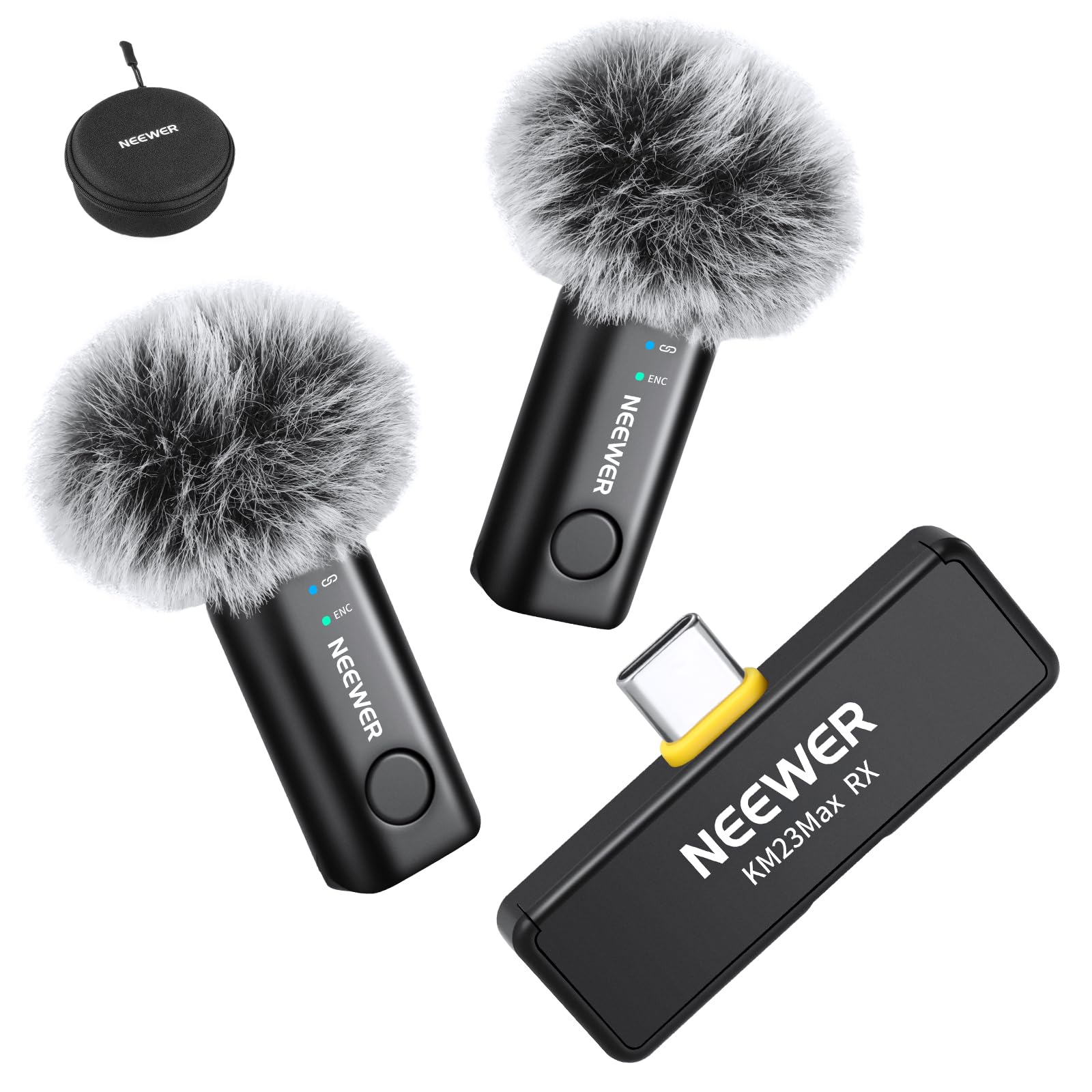 NEEWER KM23Max Bezprzewodowy mikrofon krawatowy 48 kHz/24 bit, zasięg 100 m, 8 H, bateria z redukcją szumów, wielokierunkowy mini mikrofon USB C, kompatybilny z DJI Insta360, iPhone, Android, PC (1x