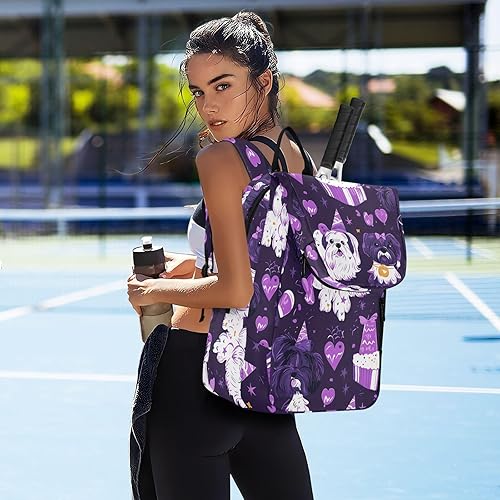 Miniatura 7 de Women Men Tennis Backpack Large Sturdy Cartoon Cute Purple Birthday Dog 3 Rackets Badminton Shoulder Bag for Women Men para raqueta