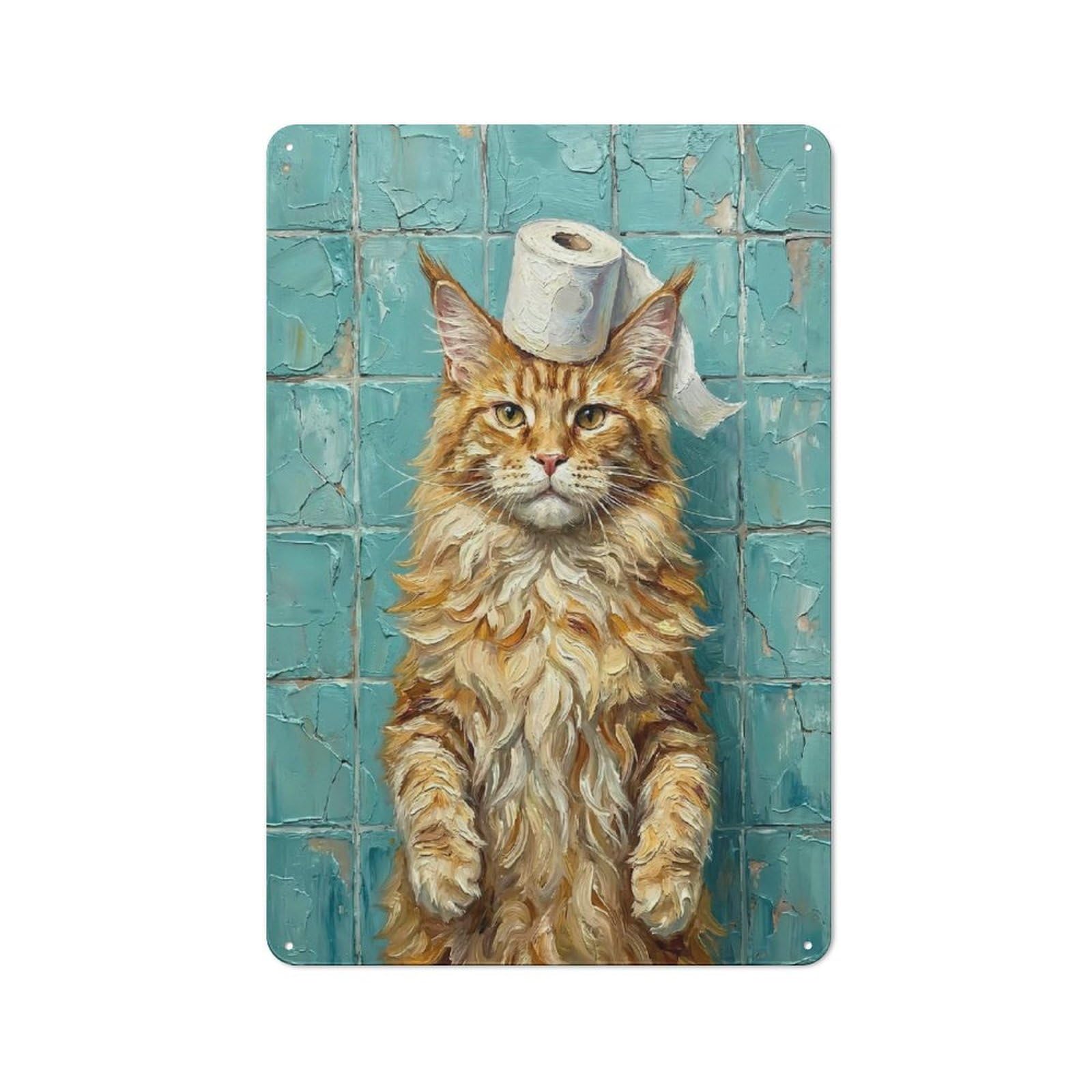 Junmoney Style-3 Maine Coon Cat With Toilet Paper Cottage Style Metal Wall Decor 30X20cm, Tin Wall Plaque For Kitchen, Cottage, Porch Or Garden Room