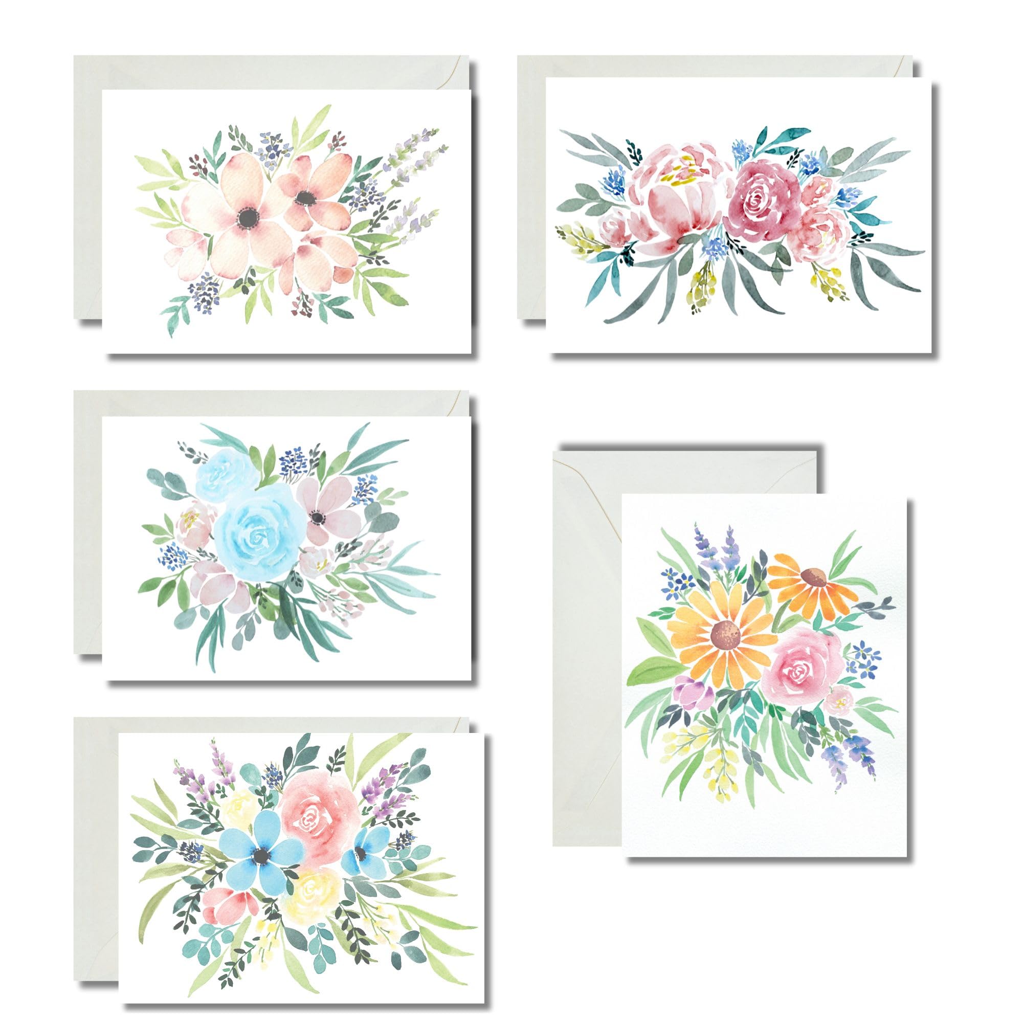 Watercolor Floral Greeting Cards, 5 Designs with Envelopes, Blank Inside, All Occasions Cards Set, Handmade Gifts