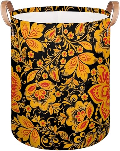 Hohloma - Cesta de lavandería redonda y plegable con textura de patrón, cesta grande para almacenamiento de juguetes, bolsa de ropa sucia con asa de