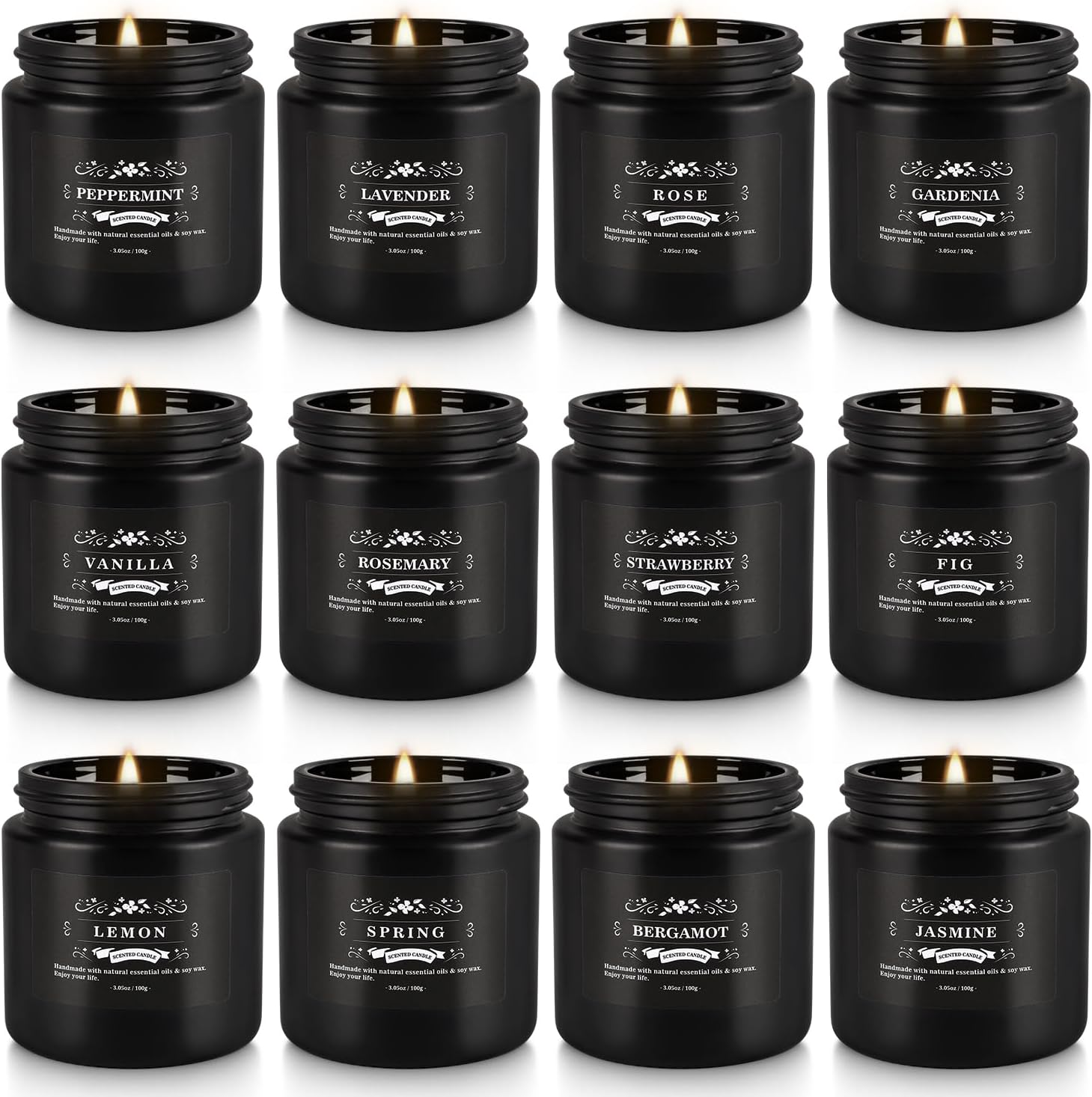 Scented Candle Set 12 Pack,Black, Candle for Home Scented, Odor Eliminating, Stress Relief, Long Lasting Soy Wax Gift Set
