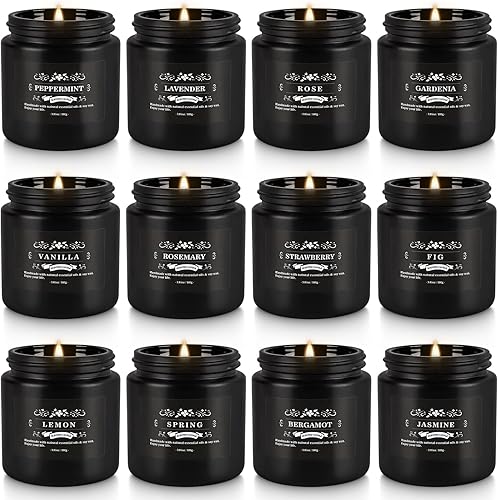 Juego de 12 velas perfumadas, color negro, velas aromáticas para el hogar, eliminación de olores, alivio del estrés, juego de regalo de cera de soja