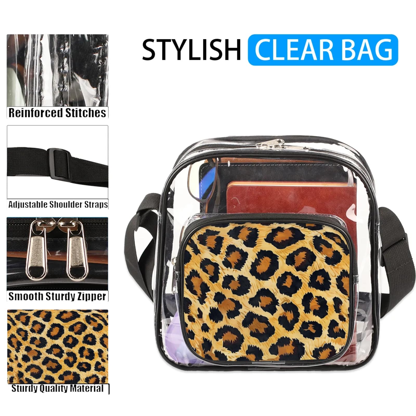 Clear Crossbody Bag Stadium Approved Animal Leopard Print Transparent Bag for Festivals, Sports Events, Concerts,Beach Bag for Women Men Clear Purse with Front Pocket Messenger Bag