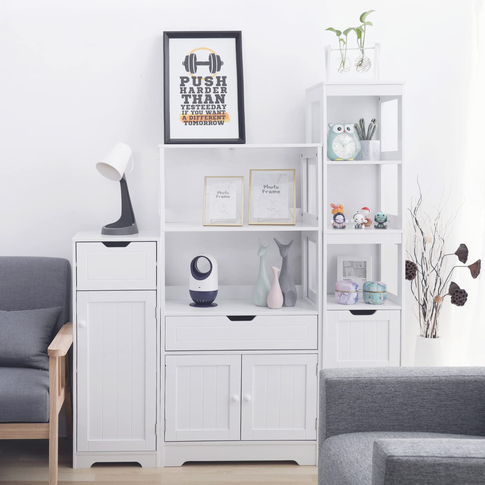 Mondeer Meuble de Salle de Bain Meuble de Rangement avec Etagères, Tiroirs et Armoire avec la Porte, pour Salle à Bain Cuisine Salon, 60 x 30 x 121 cm (L x B x H), Blanc H1071BC03WT