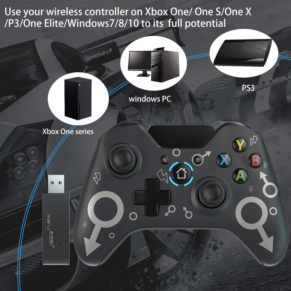 Wireless Controller for Xbox One, Wireless PC Gamepad with 2.4GHZ Wireless Adapter Compatible with Xbox One/One S/One X/Windows 7/8/10 (Gray)