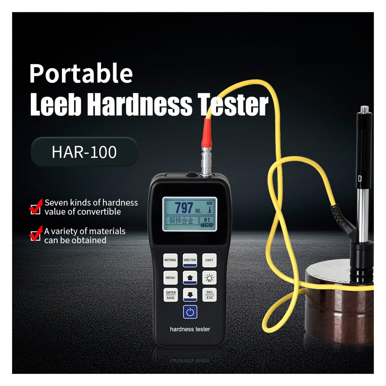 Tester Durezza, Tester di durezza Leeb Misuratore di rimbalzo portatile Durometro HL、HB、HRB、HRC、HRA、HV、HS for metallo acciaio HAR-100