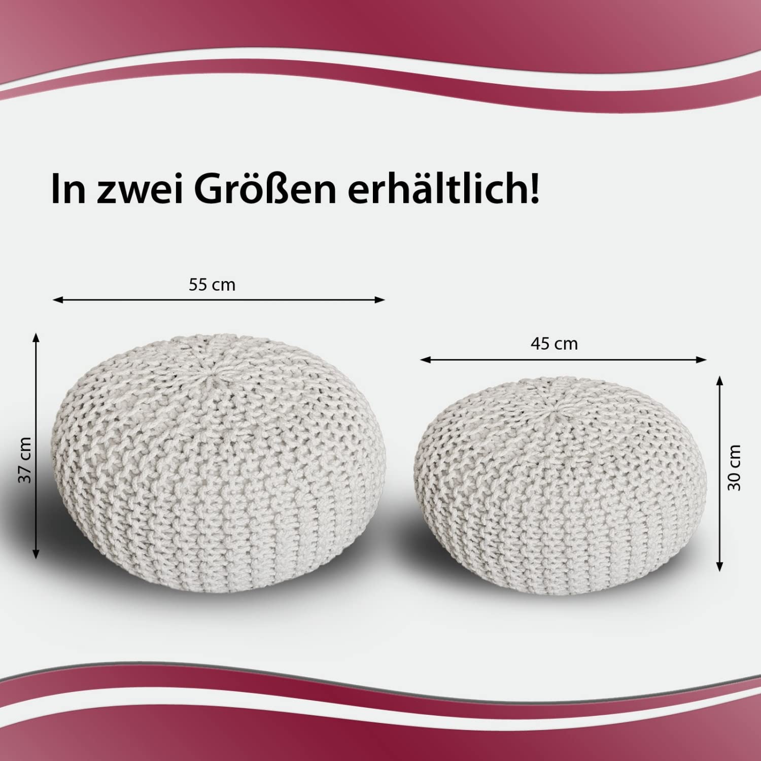 casamia Pouf Ø 55 o 45 cm, sgabello lavorato a maglia, per interni, dimensioni ø 45 cm, colore bianco