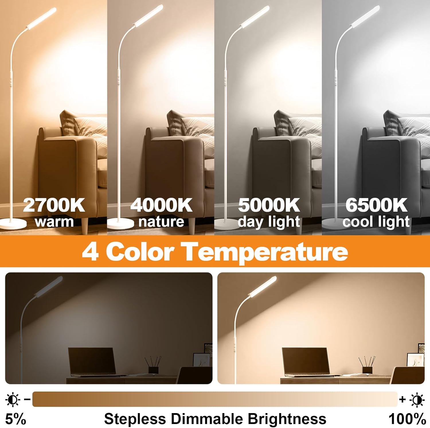 White Floor Lamp, 18W 1800LM Bright LED Floor Lamps for Living Room Bedroom, Dimmable Timing Eye Caring Reading Standing Lamp with Remote & Works with Smart Plug