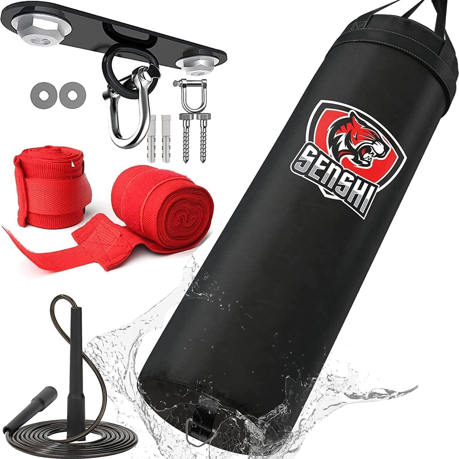 Outdoor Punch Bag 𝗛𝗘𝗔𝗩𝗬 𝗙𝗜𝗟𝗟𝗘𝗗 3, 4, 5ft For Boxing, MMA, Muay Thai Boxing Gloves, Skipping Rope & Bracket Set For Kids & Adults