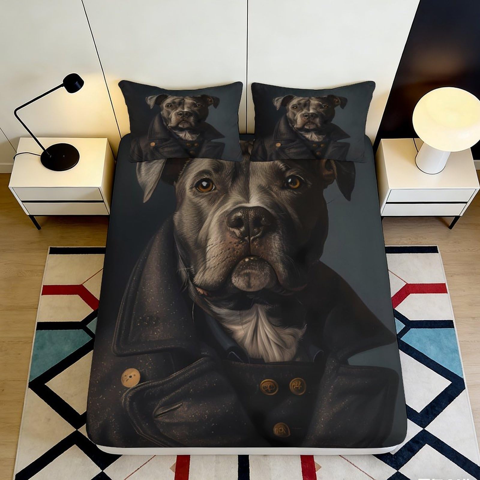 3D Printed Dog Portrait Fitted Sheet Microfiber Black Artistic Bed Cover for Bedroom Guest Room Dorm Decor 90x200x25cm
