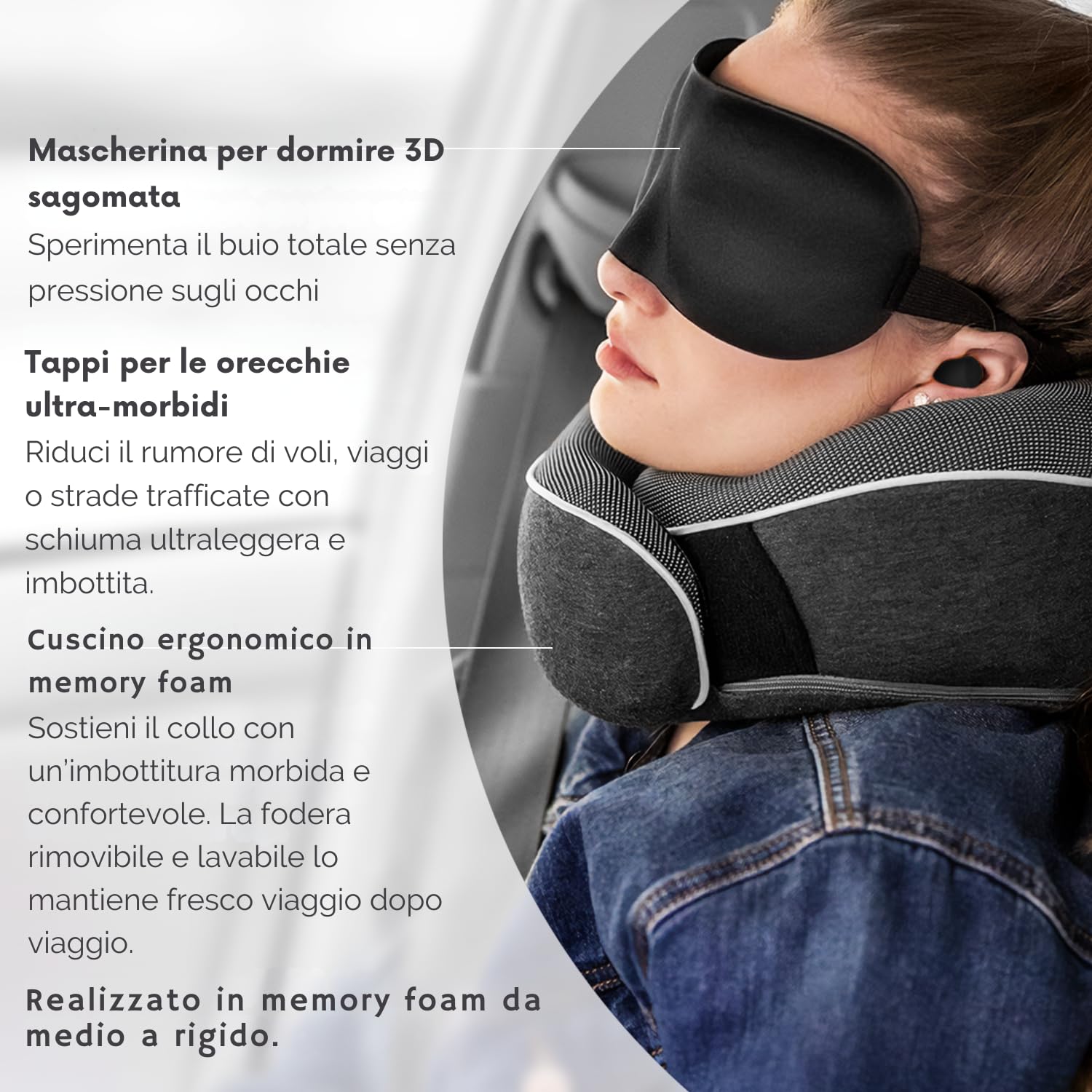 Proglobe Cuscino cervicale aereo, cuscino da viaggio, 100% memory foam, cuscino ortopedico, per viaggi con aereo, auto, treno, con maschera 3D, borsa a rete di alta qualità, Grigio scuro