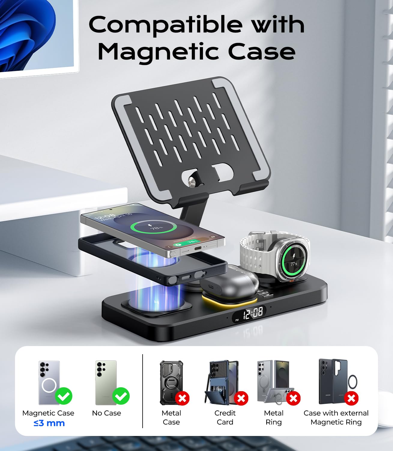 Meifigno Stazione di ricarica wireless da 45 W per più dispositivi Samsung, pieghevole 20 W con cavo caricabatterie per Galaxy Tab con orologio e luce, caricabatterie per S26/S25 Ultra/Z Fold 7 e Buds